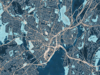 Painterly Style City Map of New Haven Connecticut, USA in a Blue Color Scheme.