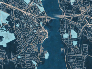 Painterly Style City Map of New London Connecticut, USA in a Blue Color Scheme.