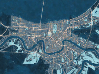 Painterly Style City Map of New Orleans Louisiana, USA in a Blue Color Scheme.