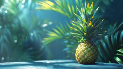 Closeup of a fresh green pineapple with vibrant healthy leaves against a blurred lush tropical plant background  The image showcases the natural beauty and organic texture of this exotic