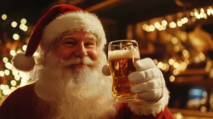 Santa Claus enjoying a festive beer while celebrating Christmas in a cozy, decorated setting with warm lights © Vitalii Shkurko