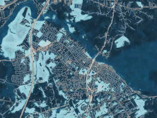 Painterly Style City Map of Newburyport Massachusetts, USA in a Blue Color Scheme.