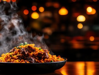 Fragrant lamb biryani with tender meat pieces layered between aromatic saffron rice