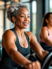 Fototapeta premium Elder woman doing a spin class in a gym keeping up a healthy lifestyle in retirement