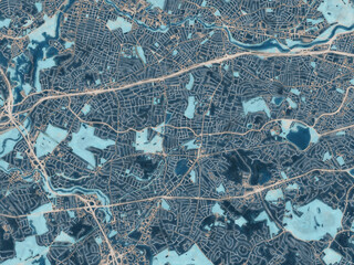 Painterly Style City Map of Newton  Massachusetts, USA in a Blue Color Scheme.