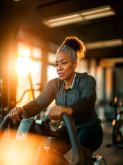 Elder woman doing a spin class in a gym keeping up a healthy lifestyle in retirement