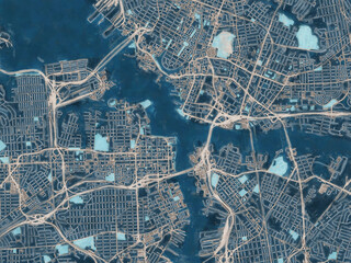 Painterly Style City Map of Norfolk - Portsmouth Center Virginia, USA in a Blue Color Scheme.