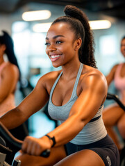 Fototapeta premium Young woman in a spin cycling class at a modern gym with friends