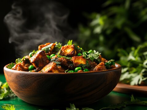 Fragrant matar paneer with green peas and paneer cubes in a creamy tomato gravy