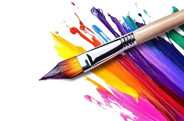 Fototapeta premium Colorful paintbrush with a colorful splash on a white background.