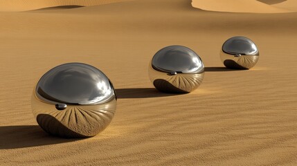 Silver and gold spheres hover elegantly over smooth orange dunes, merging natural elements with a modern aesthetic, while reflective surfaces enhance depth and intrigue