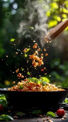 Fragrant puliyogare, tamarind rice with a complex blend of spices and peanuts from Karnataka
