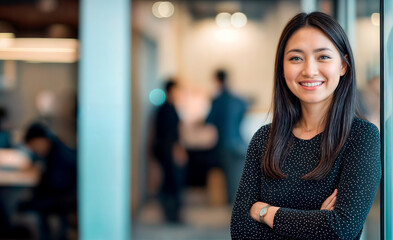 Young professional office employee smiling in a modern bright office leaning against a wall