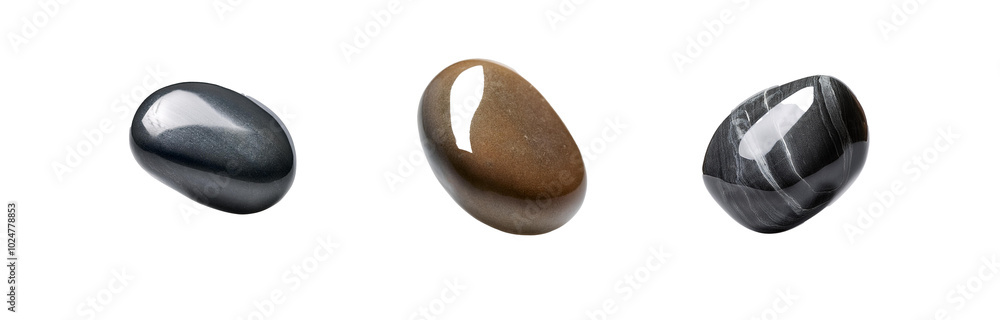 Aufkleber three smooth, oval stones in different colors are isolated on a white background.