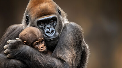 Fototapeta premium Adult gorilla gently holding a baby gorilla in a protective embrace against a neutral background