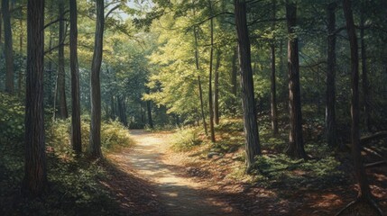 Naklejka premium A sunlit path winds through a dense forest, dappled light filtering through the trees, creating a sense of tranquility and mystery.