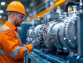 Engineer inspecting hydrogen-powered industrial machine, AI generated