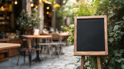 A rustic outdoor café scene featuring a blank chalkboard sign surrounded by greenery and wooden tables.