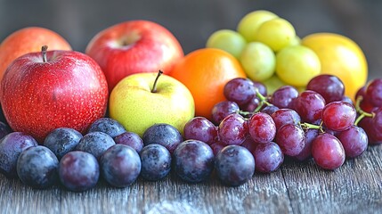 A close-up shot of assorted fruits, including apples, oranges, and grapes, arranged on a rustic wooden surface.