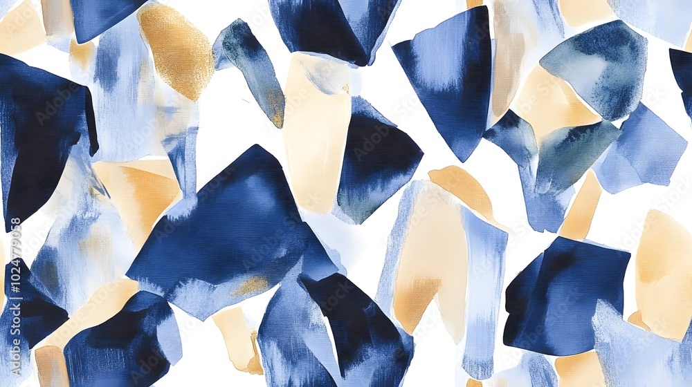 Aufkleber an abstract watercolor pattern featuring geometric shapes in shades of navy and gold, creating a mod