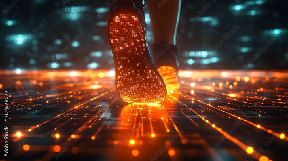 Poster a close-up view of a glowing footstep on a digital ground, symbolizing technology and movement in a 