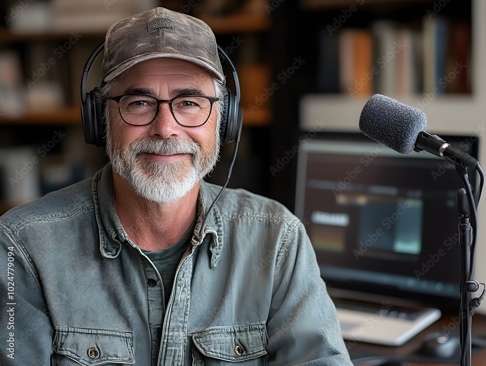 Poster a smiling man with glasses and headphones sits in front of a computer, surrounded by books, creating