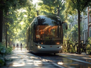 Obraz premium Hydrogen-powered electric bus on eco-friendly street, AI generated