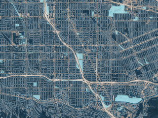 Painterly Style City Map of North Hollywood  California, USA in a Blue Color Scheme.