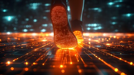 A close-up view of a glowing footstep on a digital ground, symbolizing technology and movement in a vibrant, futuristic setting.