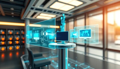 Fototapeta premium Advanced communication hub with holographic interfaces and real-time data displays, representing the future of global connectivity. AI-generated