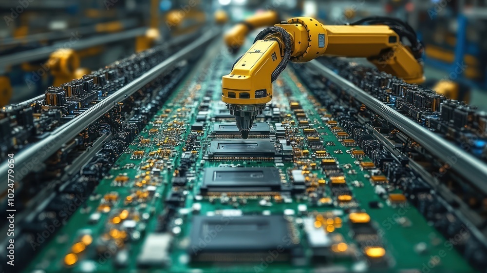 Poster robotic arm assembling electronic components on a circuit board.