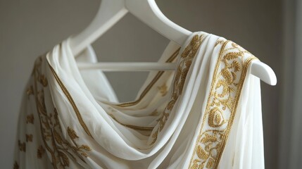 Luxurious dhoti with golden motifs, neatly draped on a sleek white hanger, simple, neutral background emphasizing its elegance.