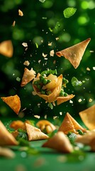 Goldenfried samosas bursting with spiced potato and pea filling, served with mint chutney