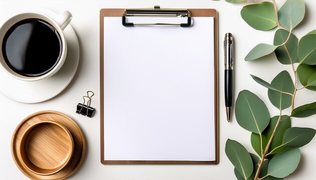 top view office table desk workspace frame with green leaves eucalyptus clipboard notebook pen and coffee cup isolated on white background flay lay ideas notes or plan writing concept
