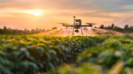 Fototapeta premium drone sprays crops in lush green field during vibrant sunset, showcasing modern agricultural technology. scene captures harmony between innovation and nature