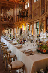 Modern luxury destination wedding decor in dark gold mode in historical Italian villa Arvedi with candelabras, gold chairs flowers and artworks