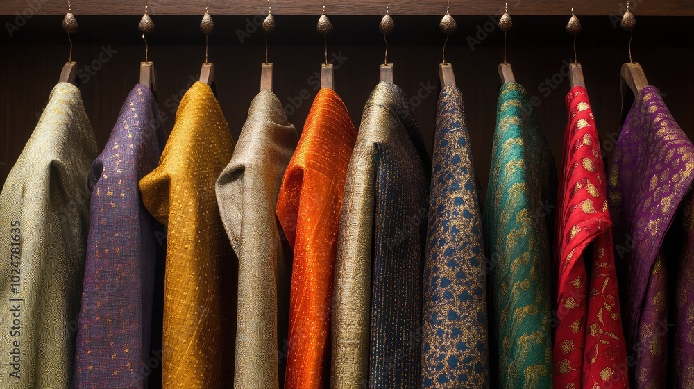 Poster richly textured dhotis in various colors, neatly displayed on hangers with a minimal background to h