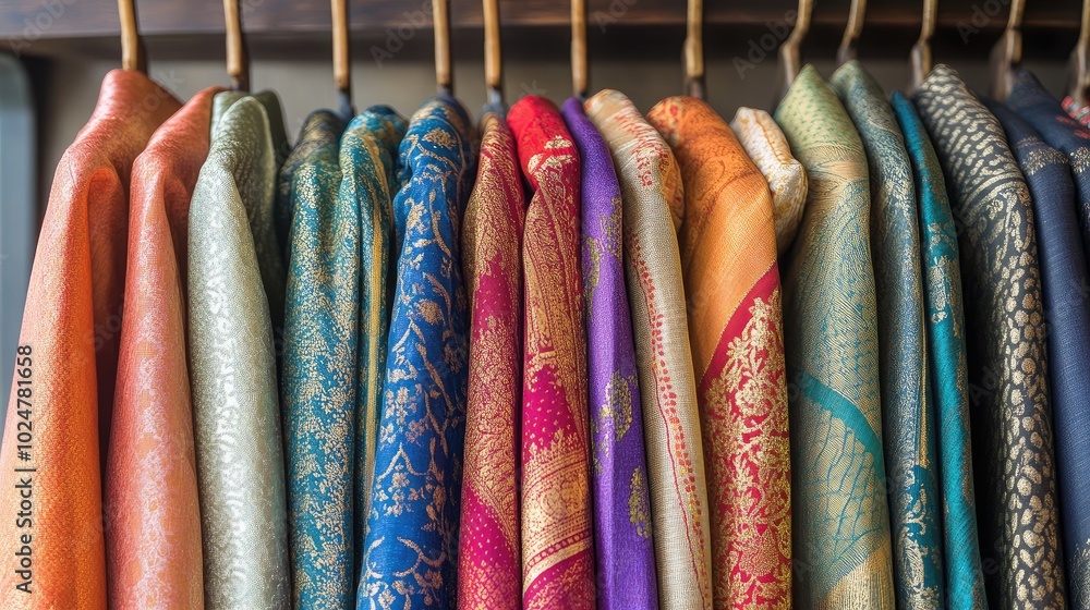Poster richly textured dhotis in various colors, neatly displayed on hangers with a minimal background to h