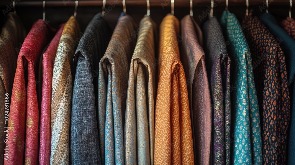 Poster richly textured dhotis in various colors, neatly displayed on hangers with a minimal background to h