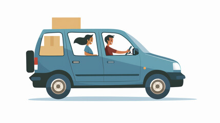 Fototapeta premium cheerful couple drives blue car filled with boxes, symbolizing fun journey or move. scene captures excitement and adventure on road