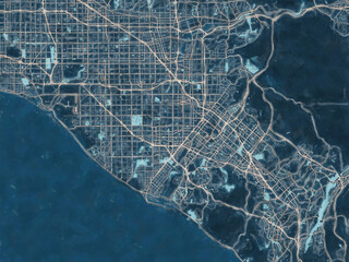 Painterly Style City Map of Orange County California, USA in a Blue Color Scheme.