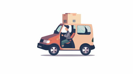 Fototapeta premium delivery driver is seen joyfully driving van with box on top, symbolizing efficient transport and logistics. scene captures essence of movement and service