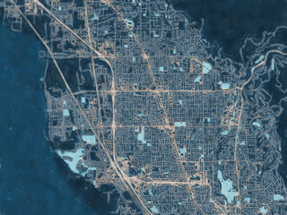 Painterly Style City Map of Orem Utah, USA in a Blue Color Scheme.