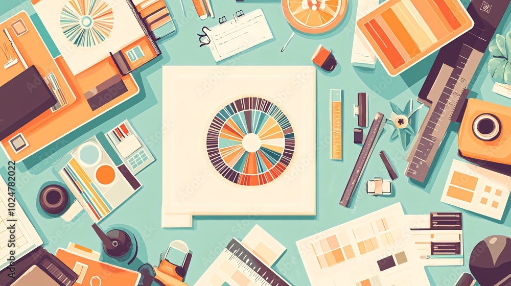 Poster a flat lay composition featuring a color wheel surrounded by various design elements.