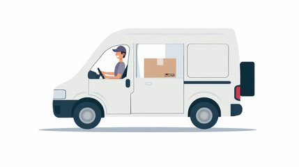 delivery van is depicted with driver inside, transporting packages. vehicle is designed in simple, modern style, showcasing box in back