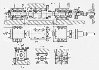 Naklejka premium Shaft or screw with thread. Engineering mechanical drawing of steel device with dimension lines. Industrial cad scheme on white paper sheet. Technology background of machine building industry.