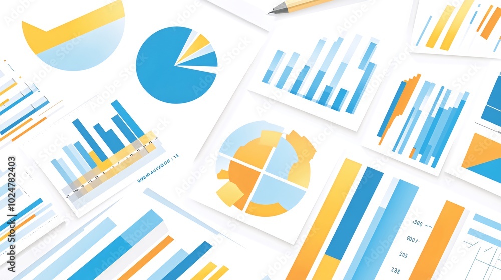 Poster a flat lay of various charts, graphs, and data visualizations on white paper.