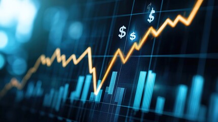 A dynamic financial graph shows an upward trend with dollar signs, symbolizing growth and success in investments and market analysis.