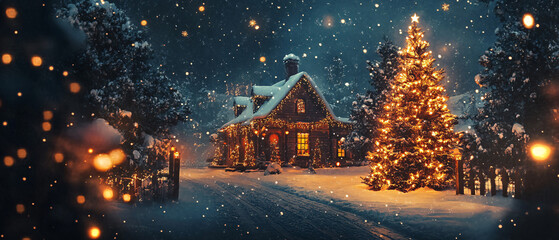 Fototapeta premium Merry christmas and new year holidays background. Blurred bokeh background with light bulbs and Christmas tree branches. Banner. 