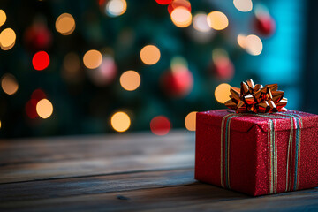 Merry christmas and new year holidays background. Blurred bokeh background with light bulbs and Christmas tree branches. Banner.	